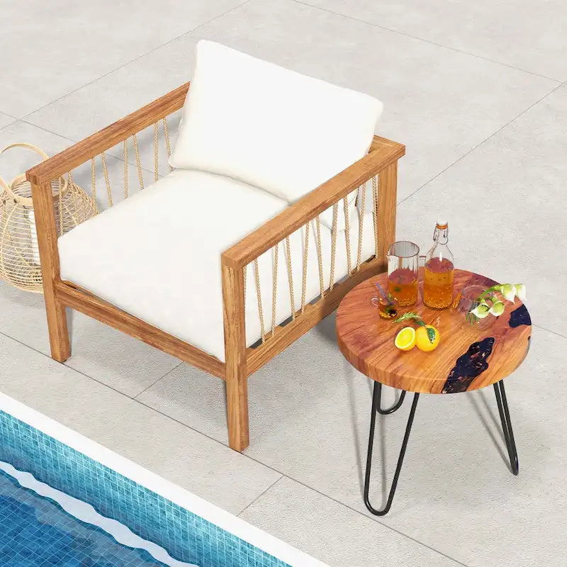 Tavolino rotondo in teak massello, con bordo vivo, per esterno, 20 cm