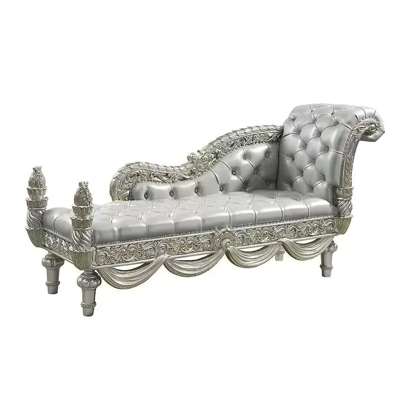 Panca Chaise Dove, finta pelle beige, legno finitura champagne 82 pollici