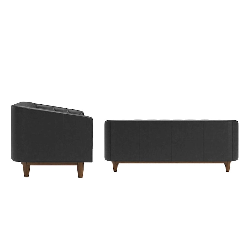 Divanetto / Sofa con finitura in rovere scuro, interamente in pelle nera, con bottoni capitonné