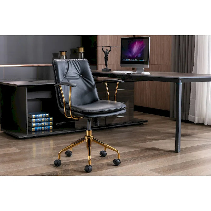 Sedia da ufficio Tilly, pelle PU, base a rotelle cromata dorata