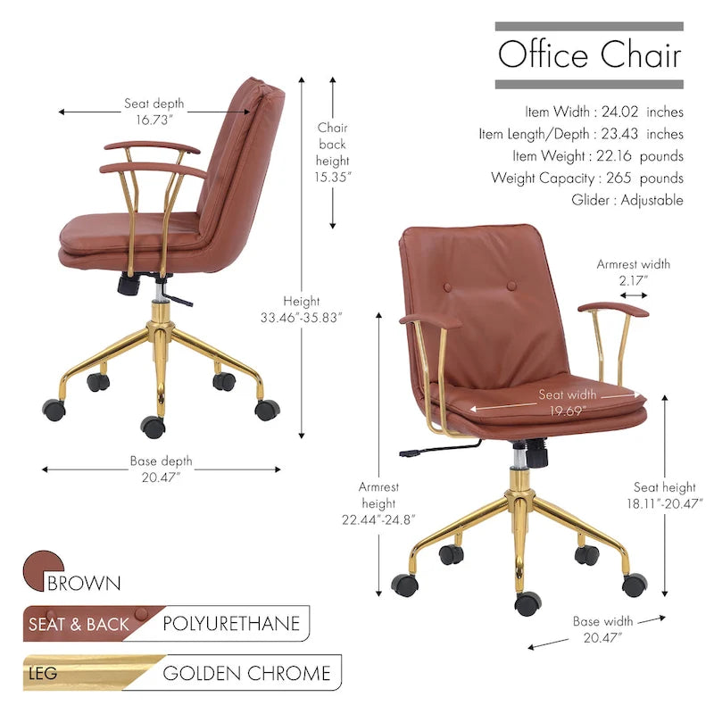Sedia da ufficio Tilly, pelle PU, base a rotelle cromata dorata