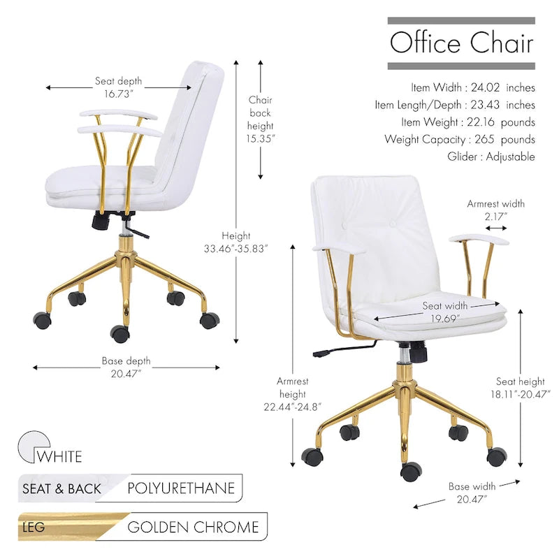 Sedia da ufficio Tilly, pelle PU, base a rotelle cromata dorata