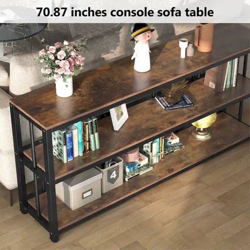 Tavolo Consolle Marrone Vintage a 3 Ripiani, Tavolo d'Appoggio Stretto e Lungo da 70,9" per Spazi Piccoli