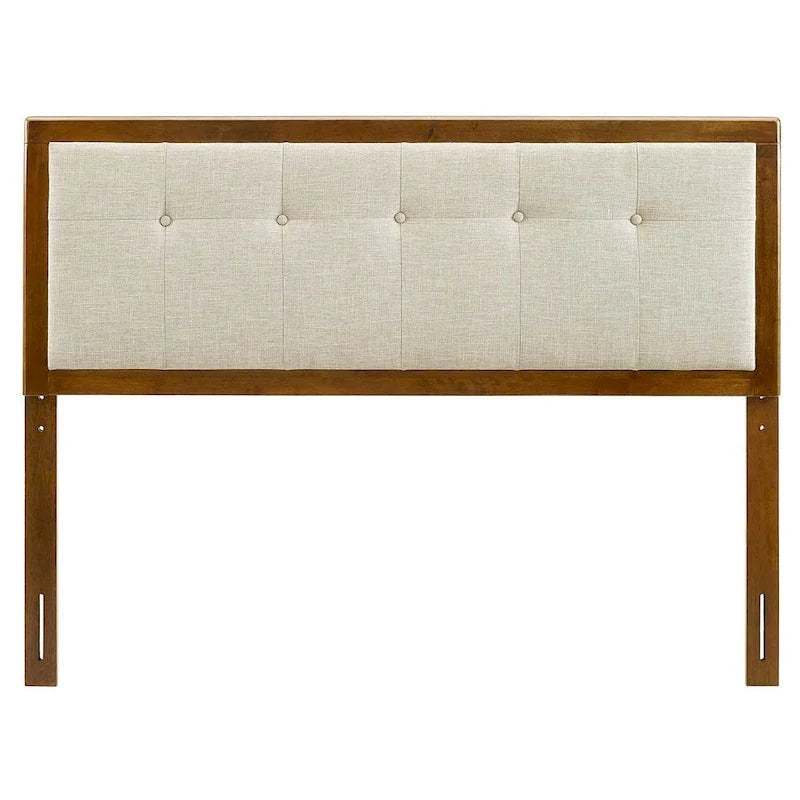 Testiera a pannelli trapuntata in tessuto beige tradizionale, con cornice in legno di noce, misura Queen size