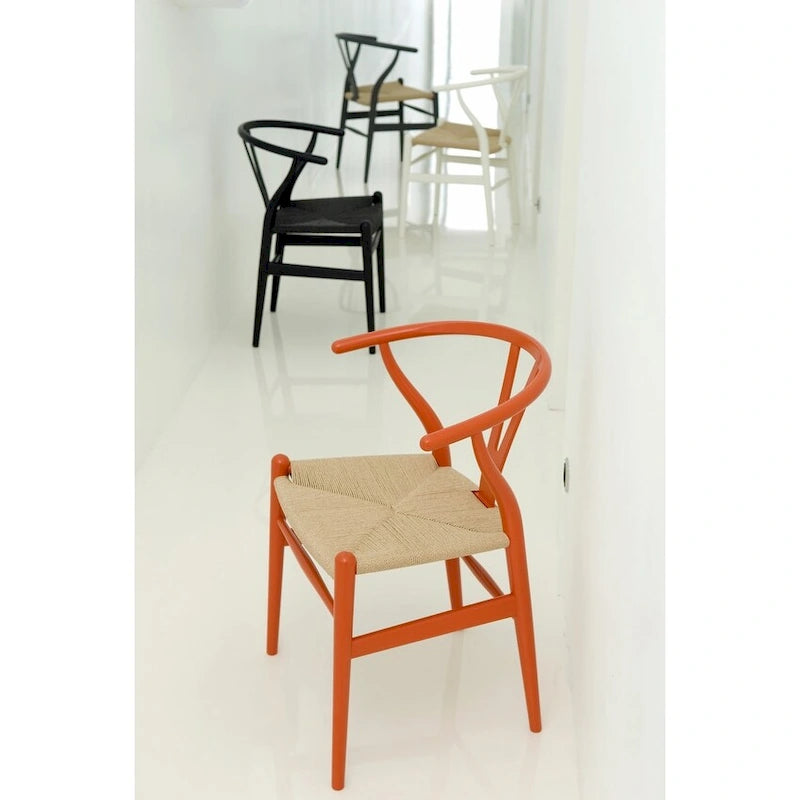 Sedia da pranzo moderna con seduta in corda di carta intrecciata, sedia laterale con schienale a Y e braccioli in legno massello in stile rustico