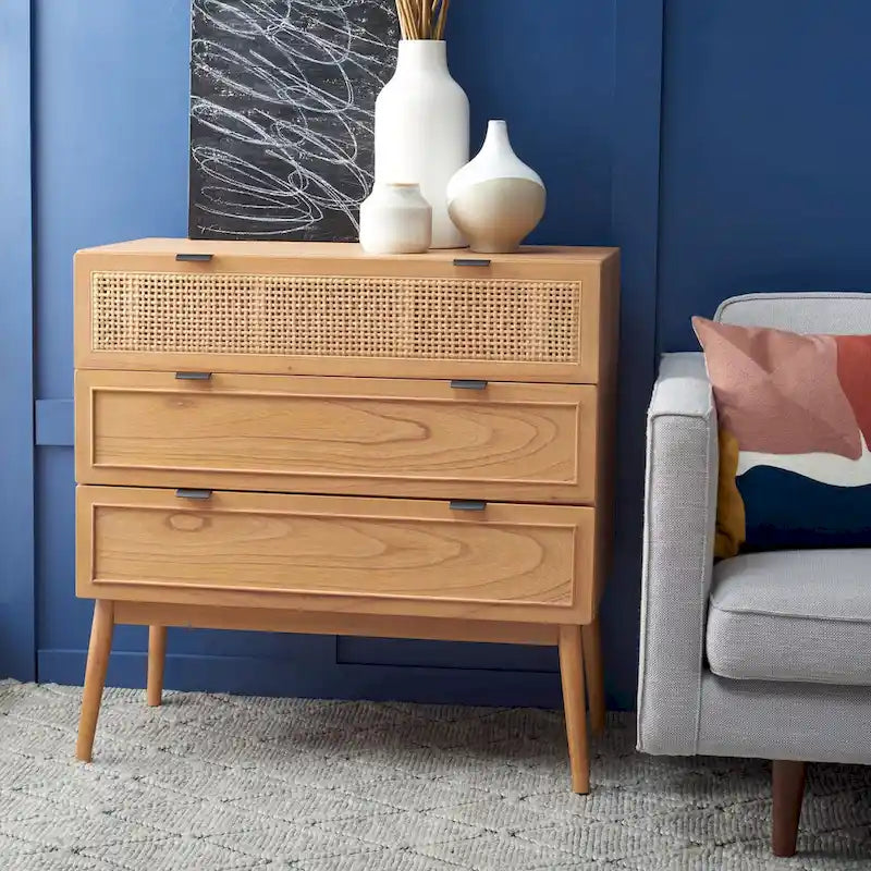 Cassettiera Siddie mid-century con 3 cassetti in rattan - 36Lx18Px36A