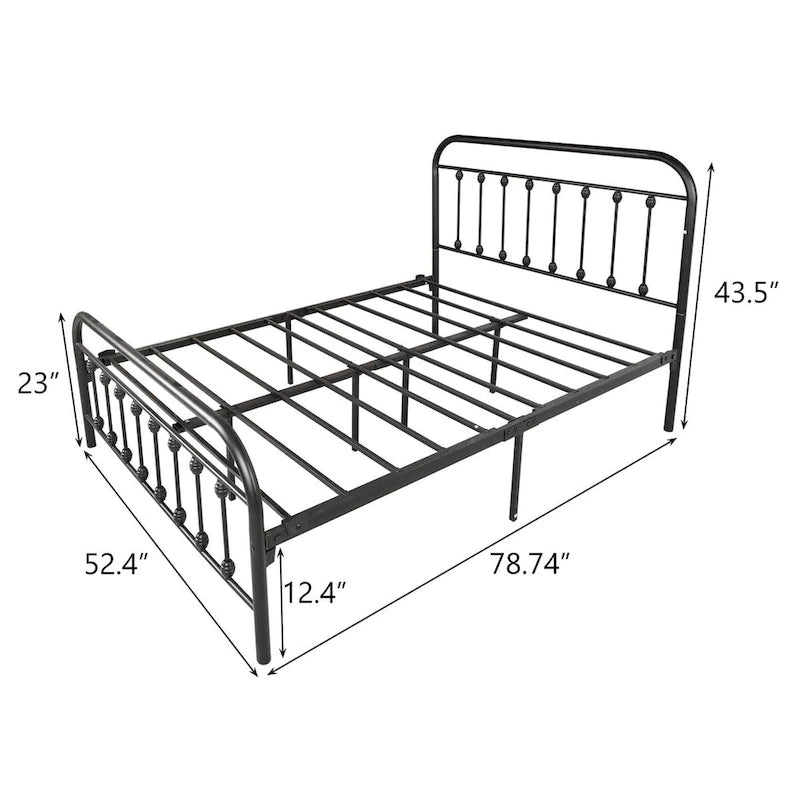 Struttura Letto a Piattaforma in Metallo Nero, Testiera e Pediera Vintage