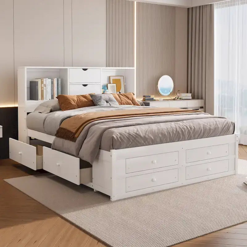 Letto a piattaforma con testiera contenitore e 8 cassetti