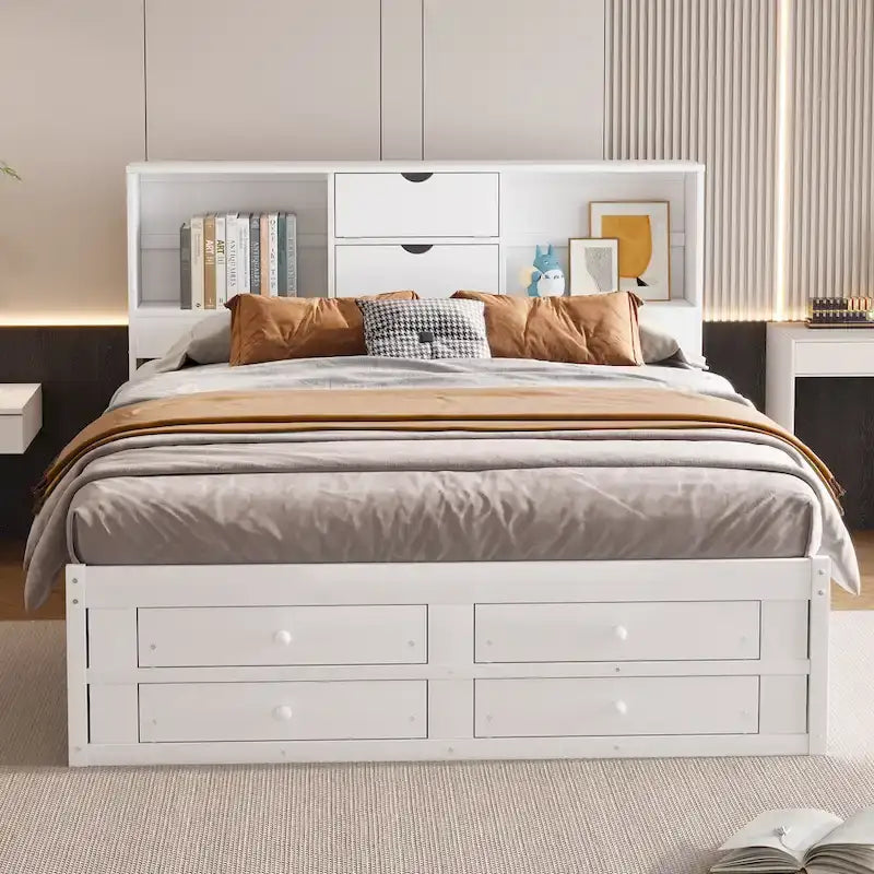 Letto a piattaforma con testiera contenitore e 8 cassetti