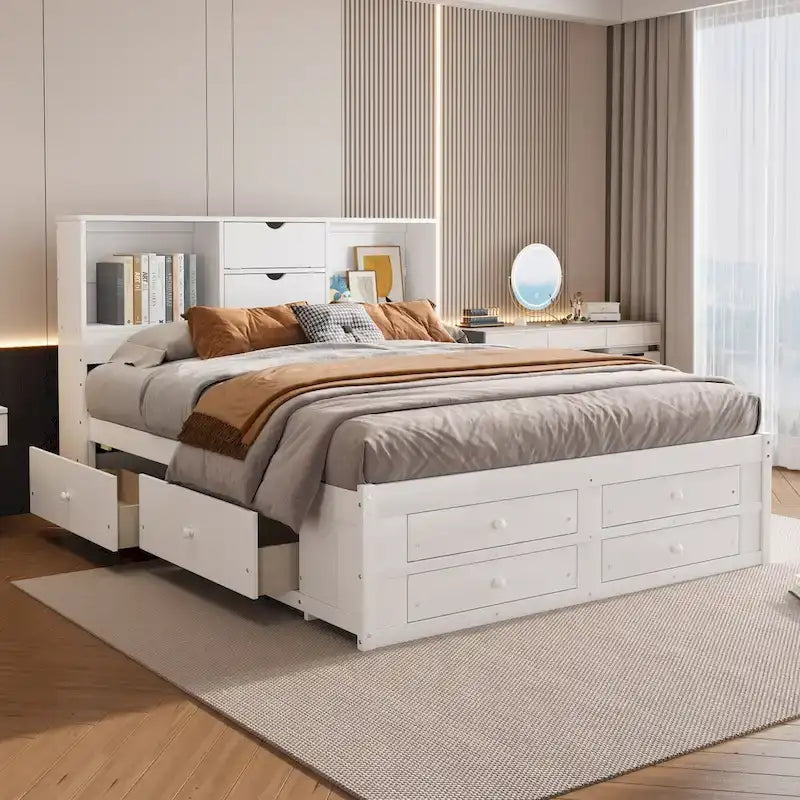 Letto a piattaforma con testiera contenitore e 8 cassetti