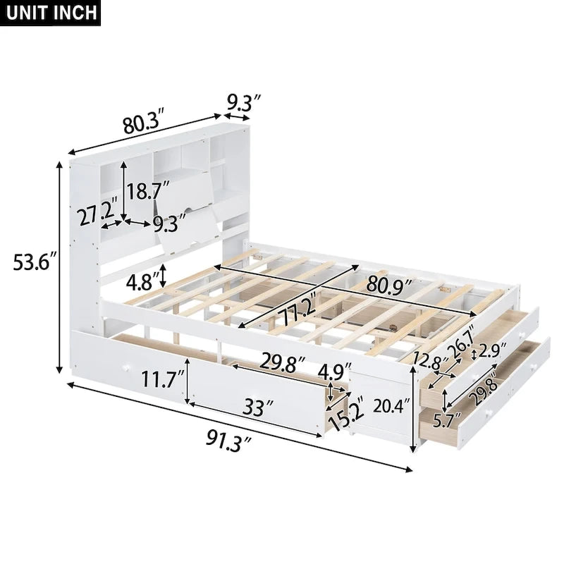Letto a piattaforma con testiera contenitore e 8 cassetti