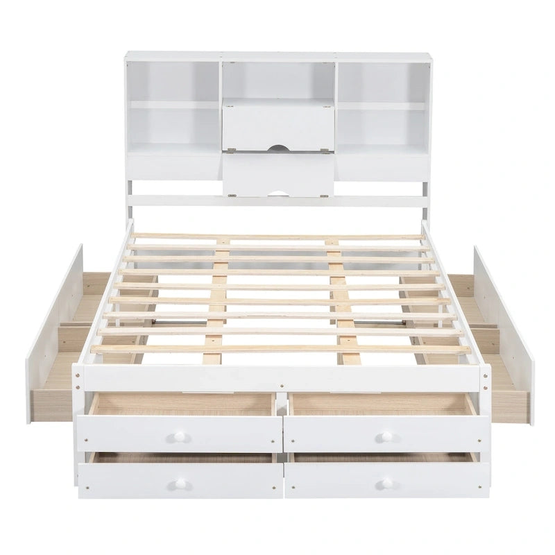 Letto a piattaforma con testiera contenitore e 8 cassetti