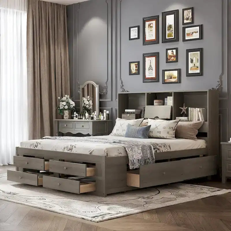 Letto a piattaforma con testiera contenitore e 8 cassetti
