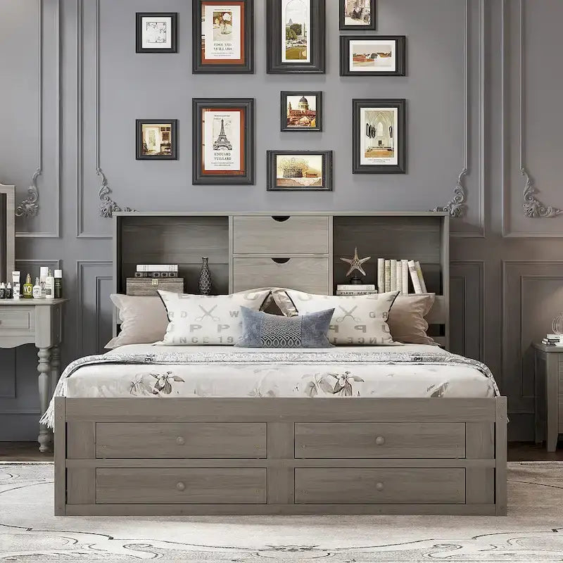 Letto a piattaforma con testiera contenitore e 8 cassetti
