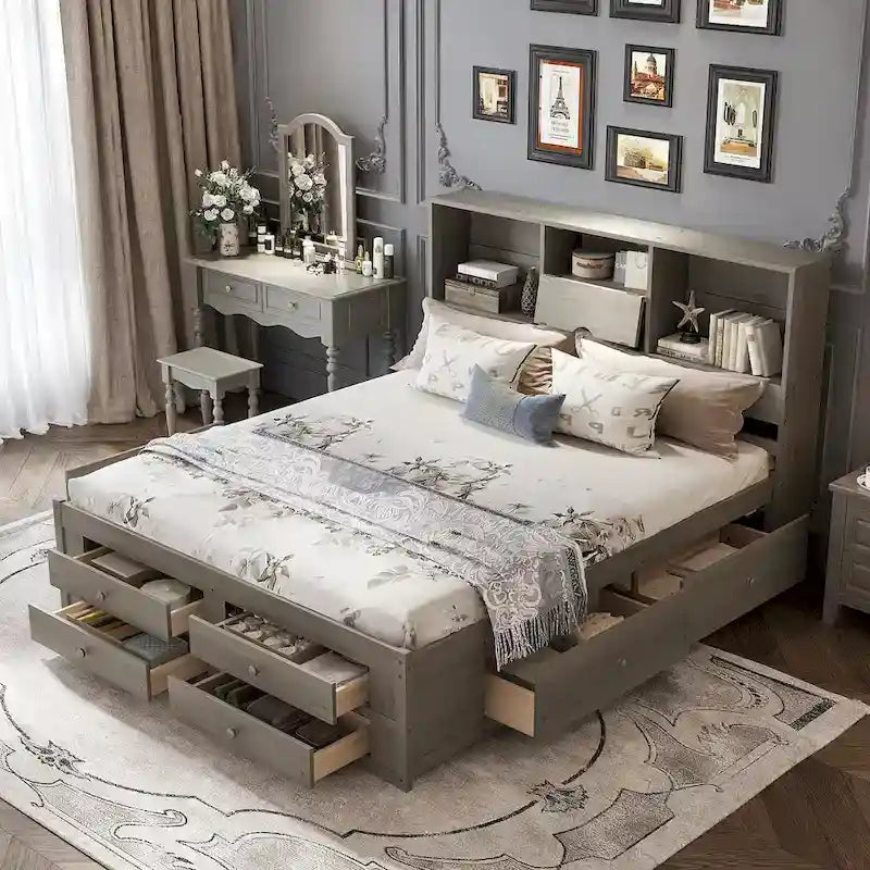 Letto a piattaforma con testiera contenitore e 8 cassetti