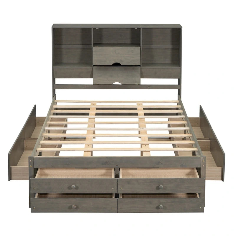 Letto a piattaforma con testiera contenitore e 8 cassetti