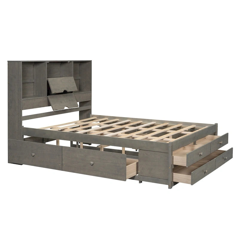 Letto a piattaforma con testiera contenitore e 8 cassetti