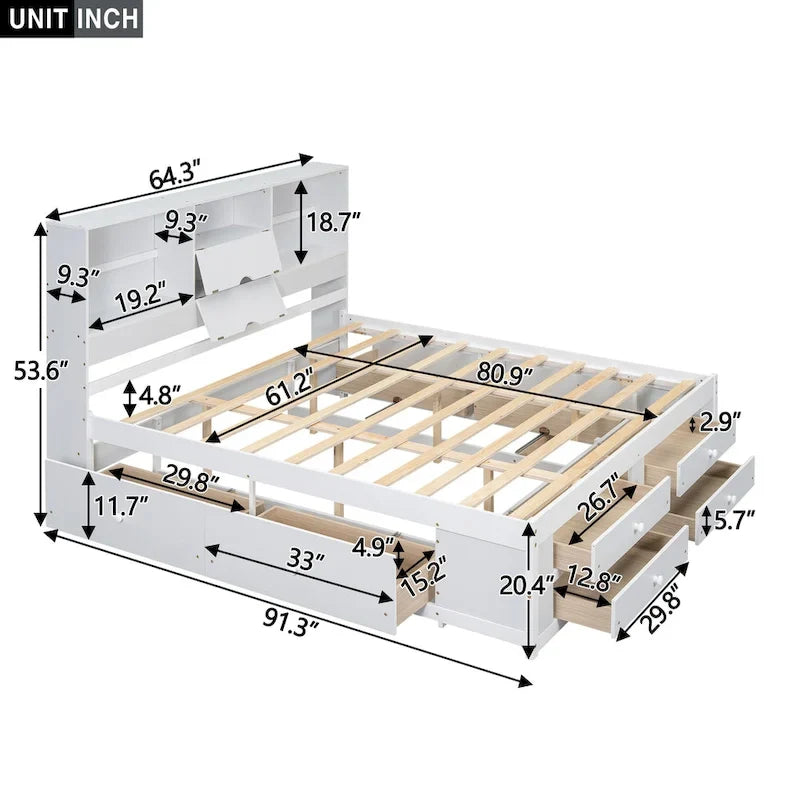 Letto a piattaforma con testiera contenitore e 8 cassetti