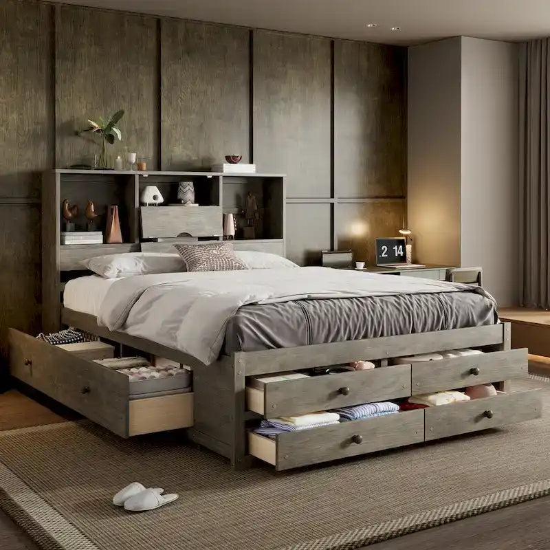 Letto a piattaforma con testiera contenitore e 8 cassetti