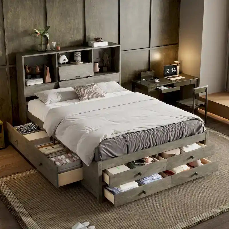 Letto a piattaforma con testiera contenitore e 8 cassetti