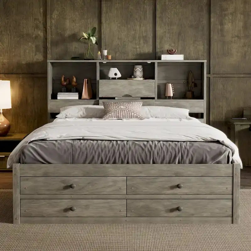 Letto a piattaforma con testiera contenitore e 8 cassetti