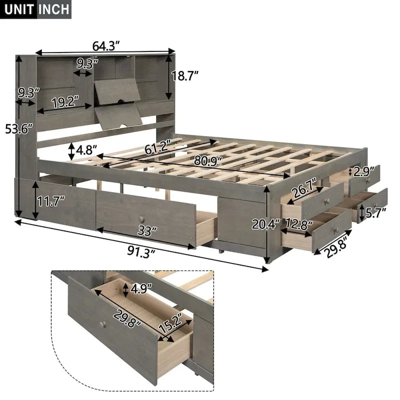 Letto a piattaforma con testiera contenitore e 8 cassetti