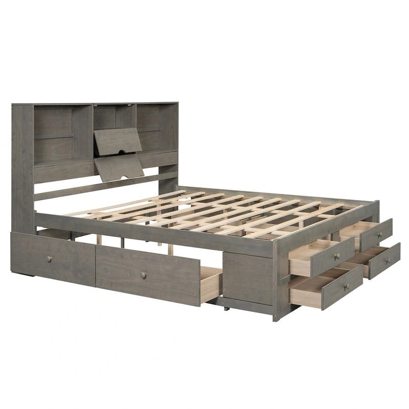 Letto a piattaforma con testiera contenitore e 8 cassetti