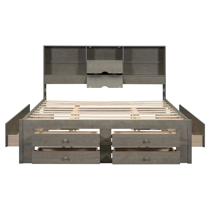 Letto a piattaforma con testiera contenitore e 8 cassetti