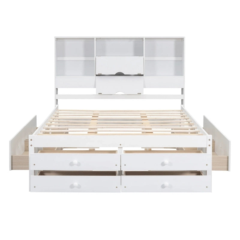Letto a piattaforma con testiera contenitore e 8 cassetti