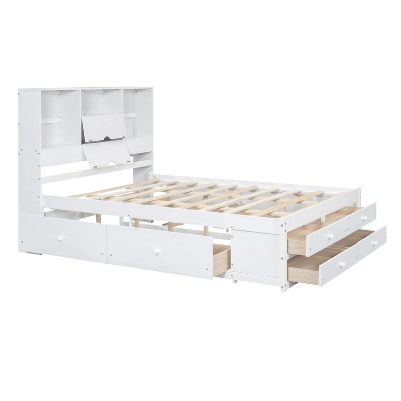 Letto a piattaforma con testiera contenitore e 8 cassetti