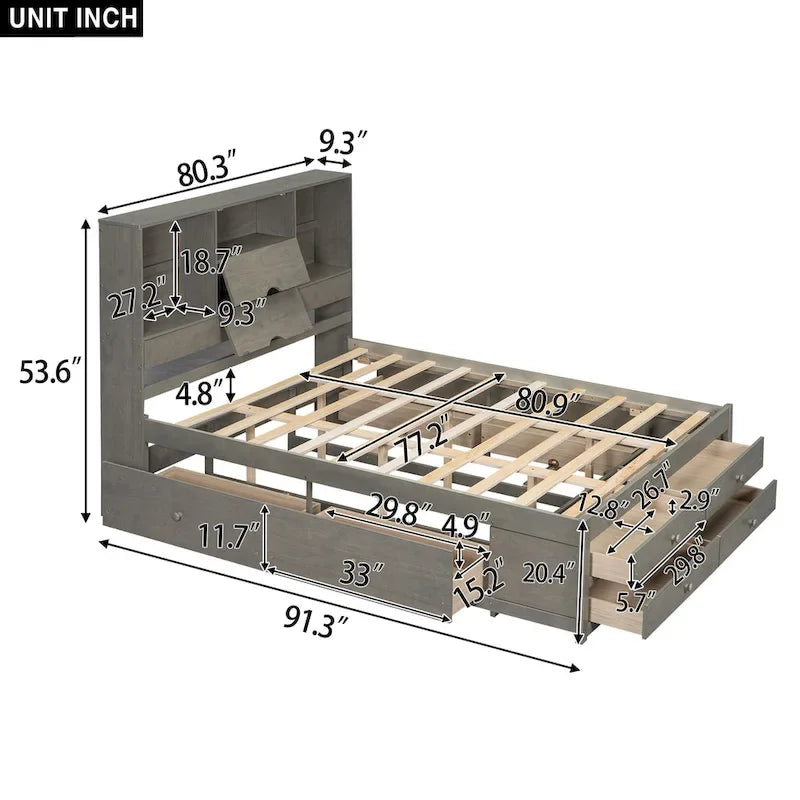 Letto a piattaforma con testiera contenitore e 8 cassetti