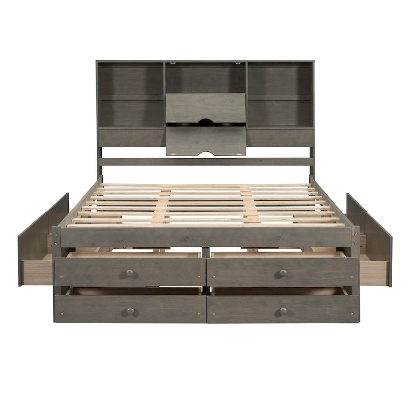 Letto a piattaforma con testiera contenitore e 8 cassetti