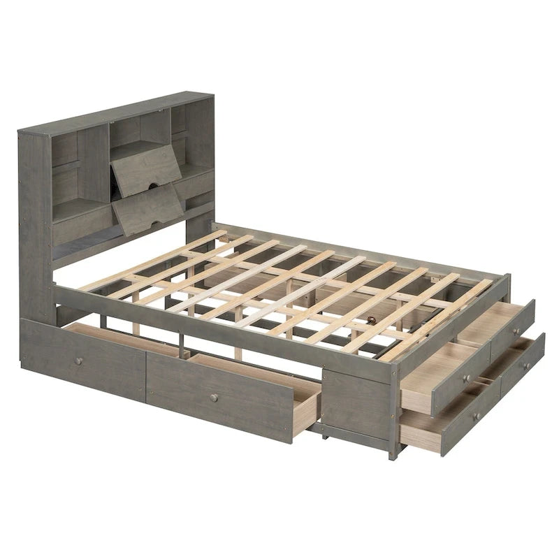 Letto a piattaforma con testiera contenitore e 8 cassetti