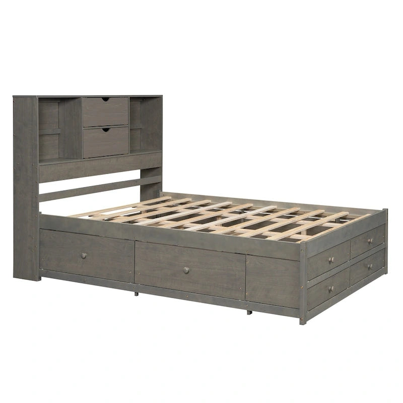 Letto a piattaforma con testiera contenitore e 8 cassetti