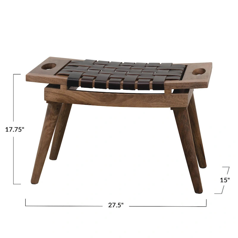 Sgabello in legno di mango con seduta in pelle intrecciata