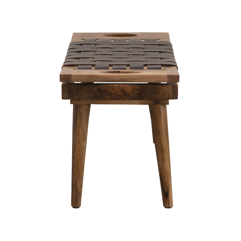 Sgabello in legno di mango con seduta in pelle intrecciata