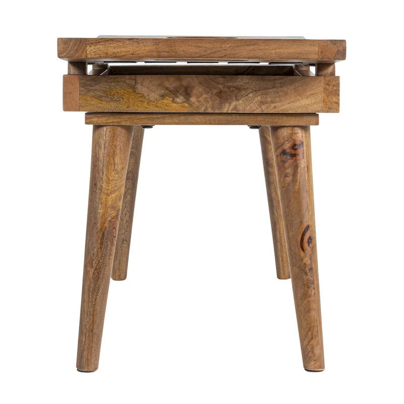 Sgabello in legno di mango con seduta in pelle intrecciata