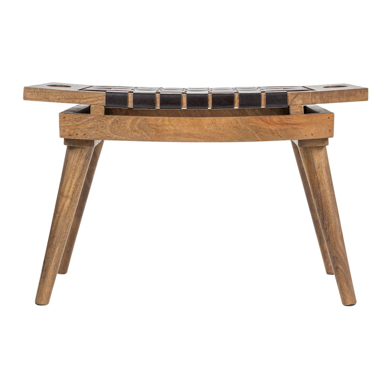 Sgabello in legno di mango con seduta in pelle intrecciata