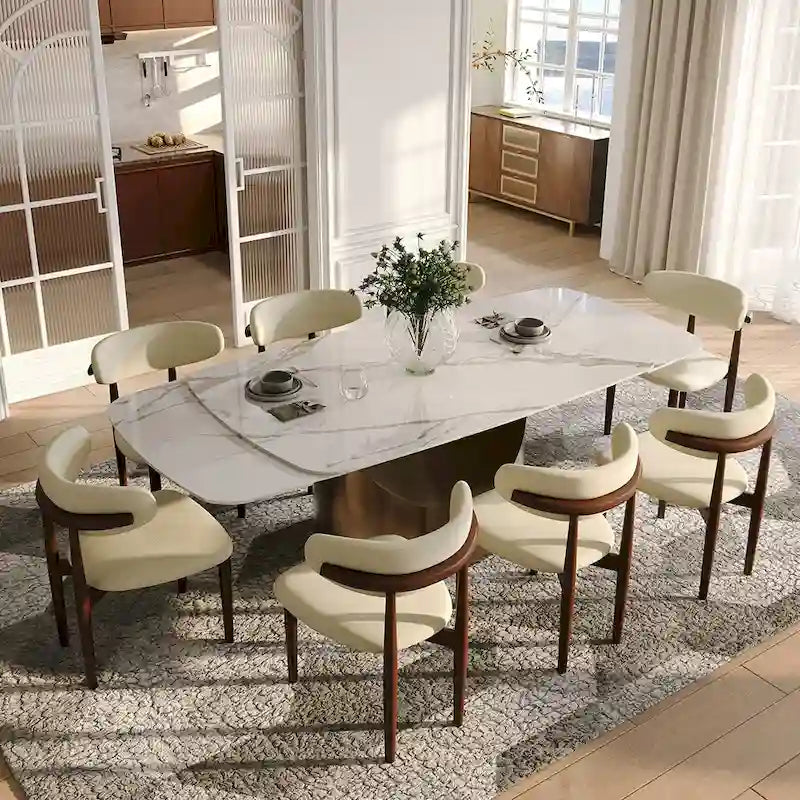 Tavolo da pranzo moderno allungabile da 63 a 95 pollici per 6-10 persone, piano in pietra sinterizzata lucida bianca, gambe a sorriso in acciaio al carbonio bronzo