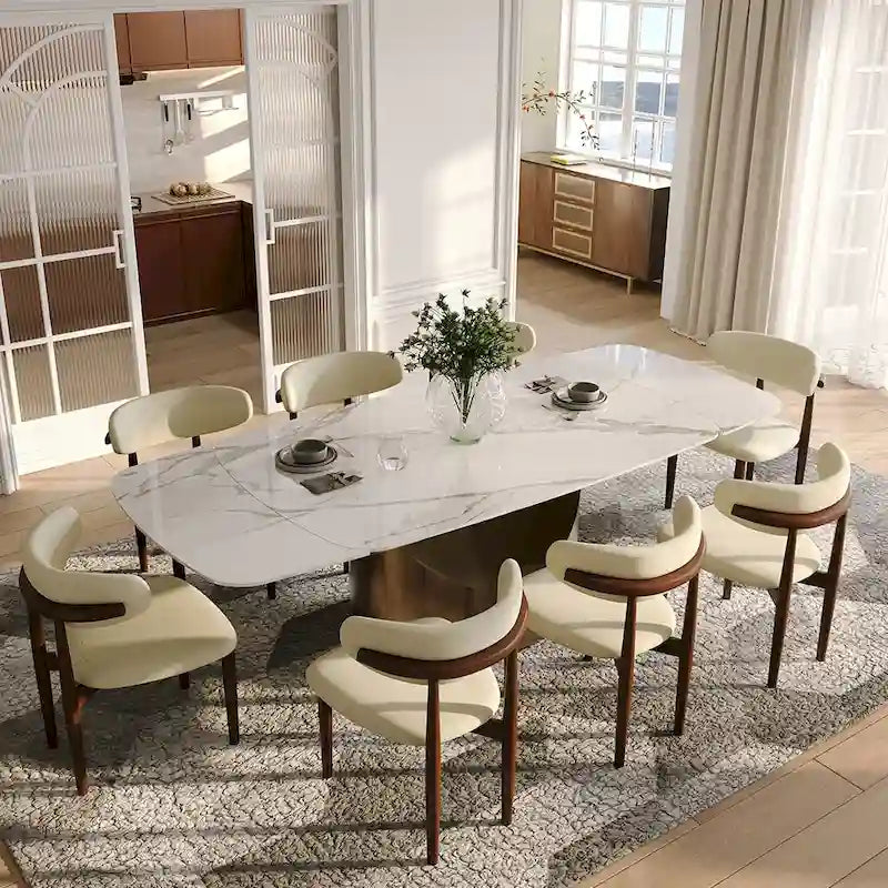 Tavolo da pranzo moderno allungabile da 63 a 95 pollici per 6-10 persone, piano in pietra sinterizzata lucida bianca, gambe a sorriso in acciaio al carbonio bronzo