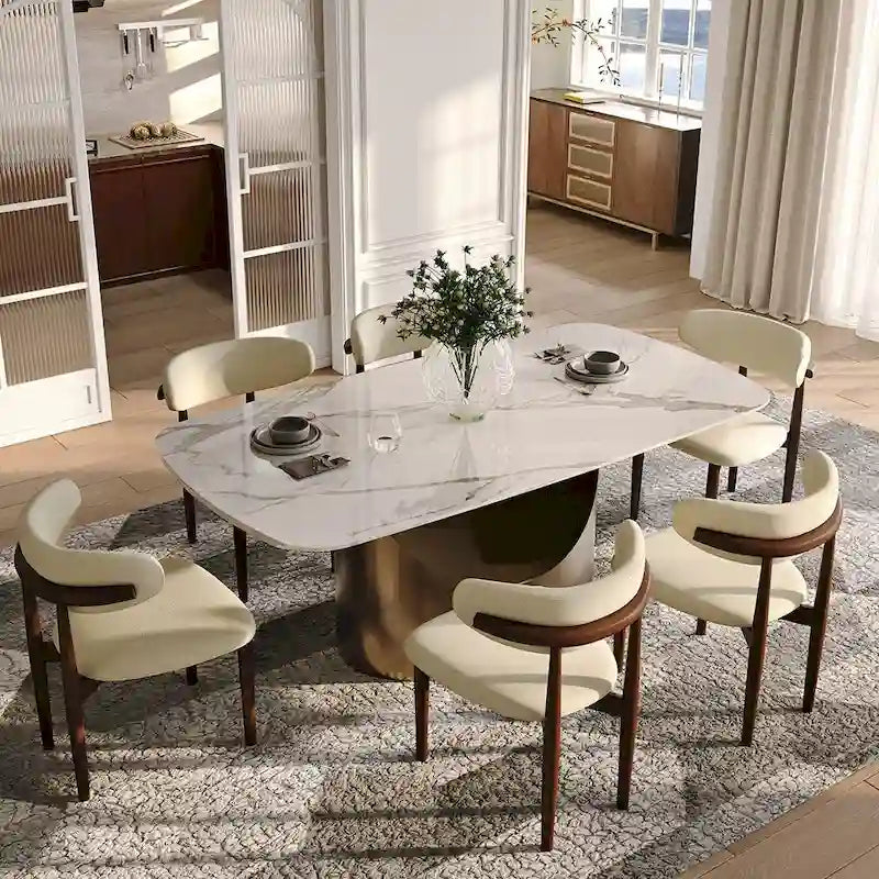 Tavolo da pranzo moderno allungabile da 63 a 95 pollici per 6-10 persone, piano in pietra sinterizzata lucida bianca, gambe a sorriso in acciaio al carbonio bronzo