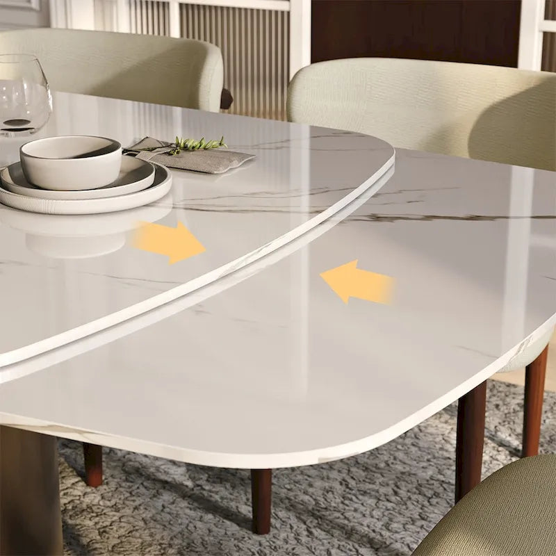 Tavolo da pranzo moderno allungabile da 63 a 95 pollici per 6-10 persone, piano in pietra sinterizzata lucida bianca, gambe a sorriso in acciaio al carbonio bronzo