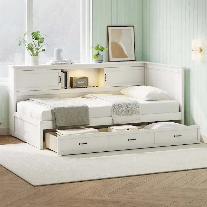 Struttura Letto ad Angolo a L con Cassetto, Libreria, Faretto LED e Porta USB