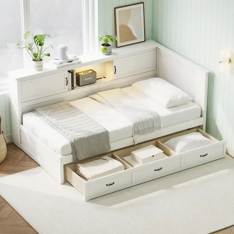 Struttura Letto ad Angolo a L con Cassetto, Libreria, Faretto LED e Porta USB