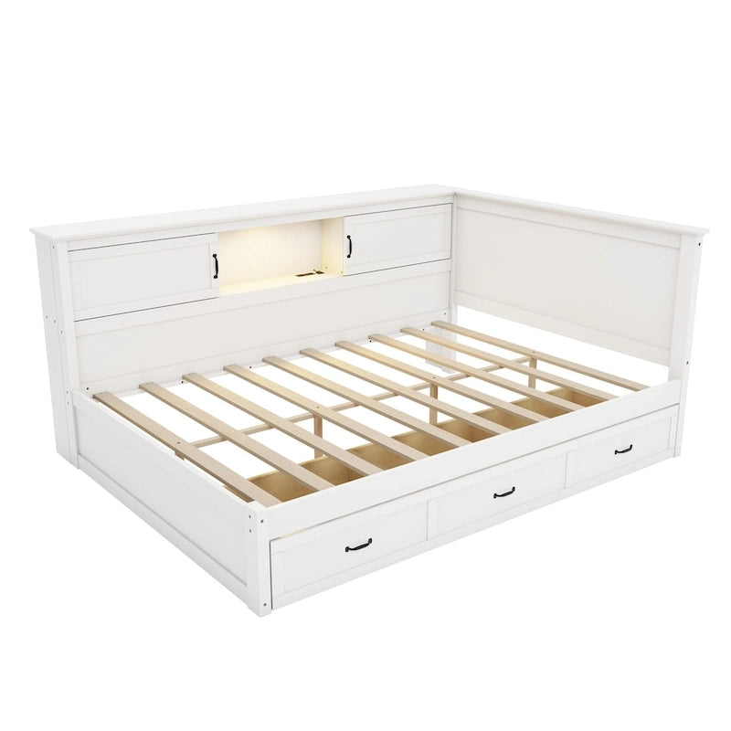 Struttura Letto ad Angolo a L con Cassetto, Libreria, Faretto LED e Porta USB
