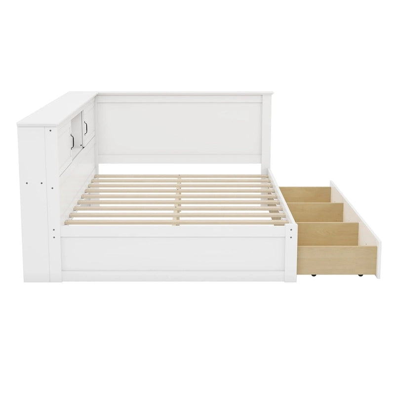 Struttura Letto ad Angolo a L con Cassetto, Libreria, Faretto LED e Porta USB