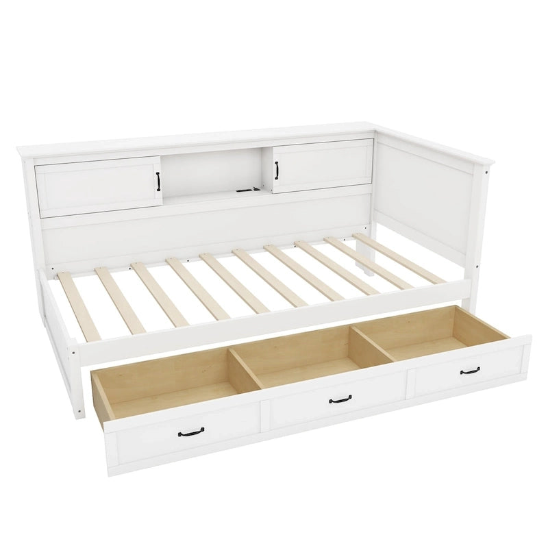 Struttura Letto ad Angolo a L con Cassetto, Libreria, Faretto LED e Porta USB